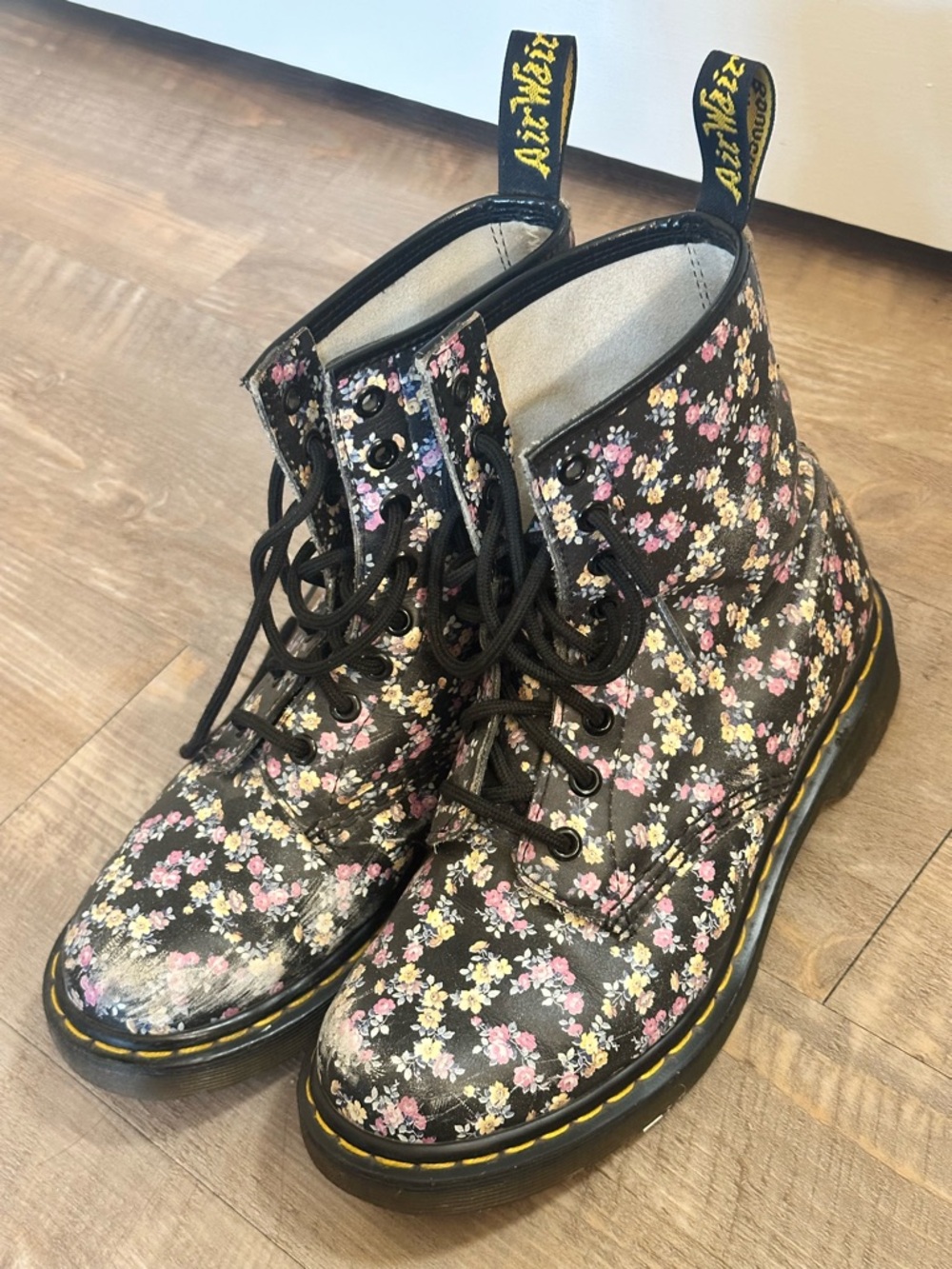 Dr. Martens Black Floral Lace-Up Boots with Pink and Yellow Accents
